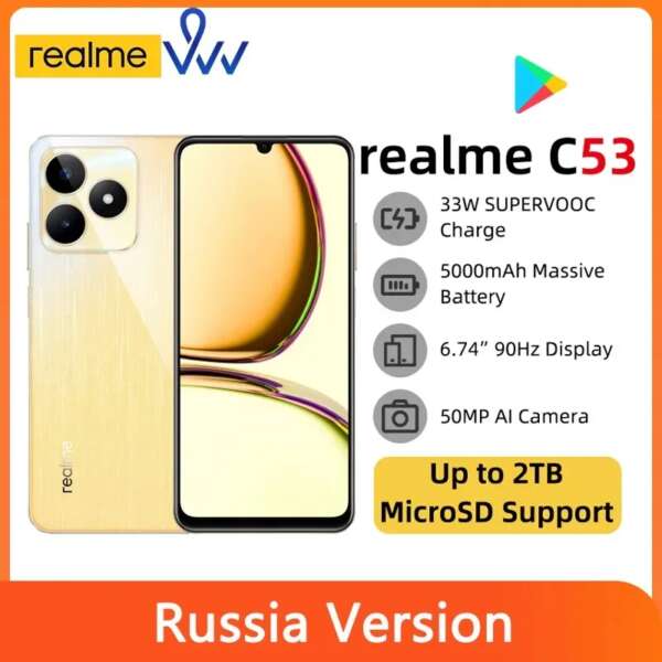 Original Realme C53 6GB 128GB Octa Core Ultra Slim 33W SUPERVOOC Charge 5000mAh Battery 50MP AI Camera 6.74" HD 90 Hz Screen NFC