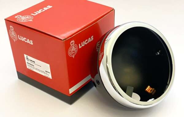 HEADLIGHT SHELL & RIM - 5 3/4" GENUINE LUCAS. BLACK WITH CHROME RIM*
